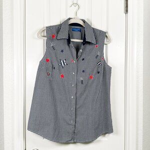 Karen Scott M Star 4th of July Red White Blue Sleeveless Shirt Gingham Americana